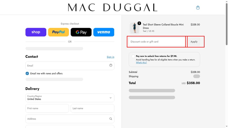Mac Duggal checkout page showing the Discount code or gift card field and Apply button