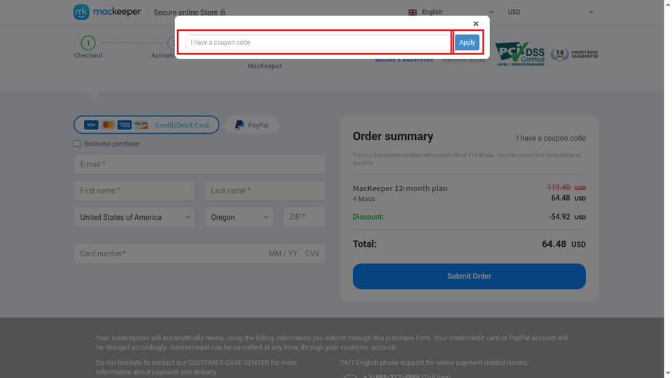 MacKeeper checkout page showing the I have a coupon code field and Apply button