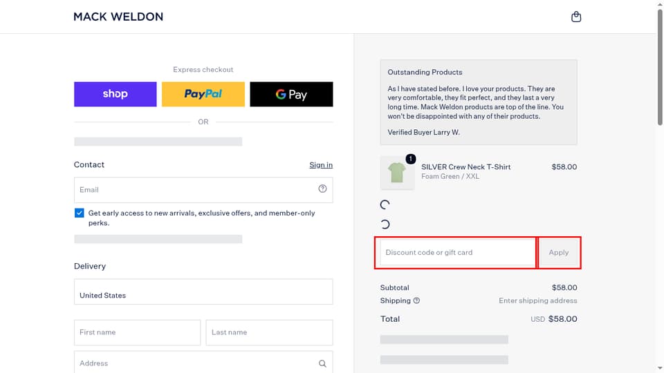 Mack Weldon checkout page showing the Discount code or gift card field and Apply button