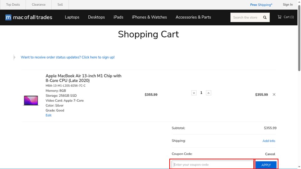 mac of all trades checkout page showing the Enter your coupon code field and Apply button
