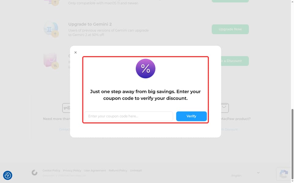 MacPaw checkout page showing the Enter your coupon code here... field and Verify button