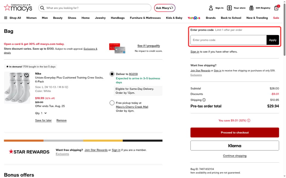 Macy's checkout page showing the Enter promo code field and Apply button