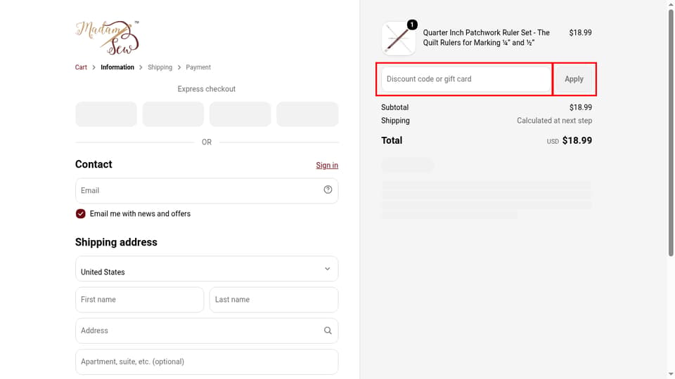 Madam Sew checkout page showing the Discount code or gift card field and Apply button