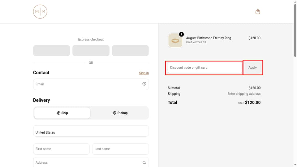 Made By Mary checkout page showing the Discount code or gift card field and Apply button