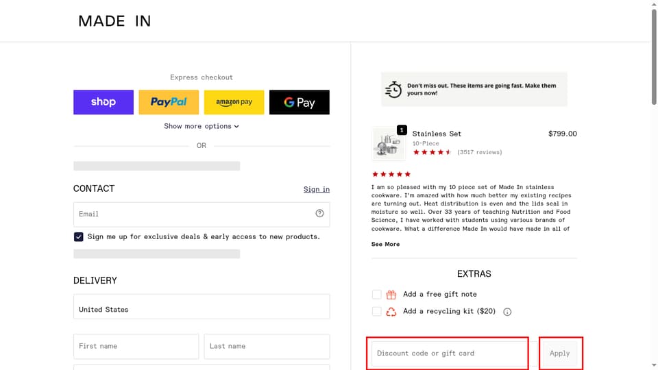 Made In Cookware checkout page showing the Discount code or gift card field and Apply button