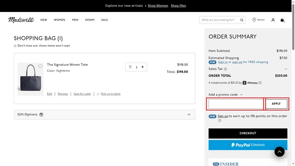 Madewell checkout page showing the Promo code field and Apply button