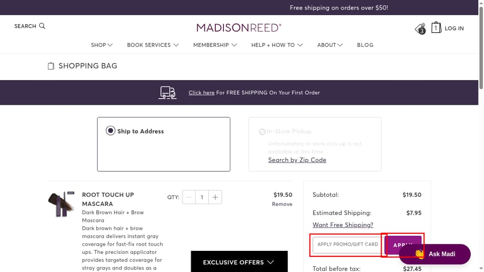 Madison Reed checkout page showing the APPLY PROMO/GIFT CARD field and Apply button