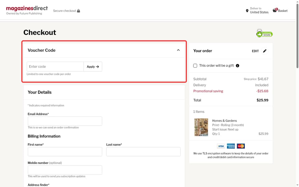 Magazines Direct checkout page showing the Enter code field and Apply button