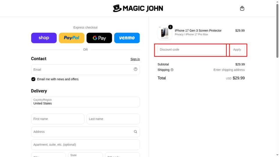 Magic John checkout page showing the Discount code field and Apply button