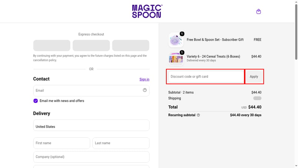 Magic Spoon checkout page showing the Discount code or gift card field and Apply button