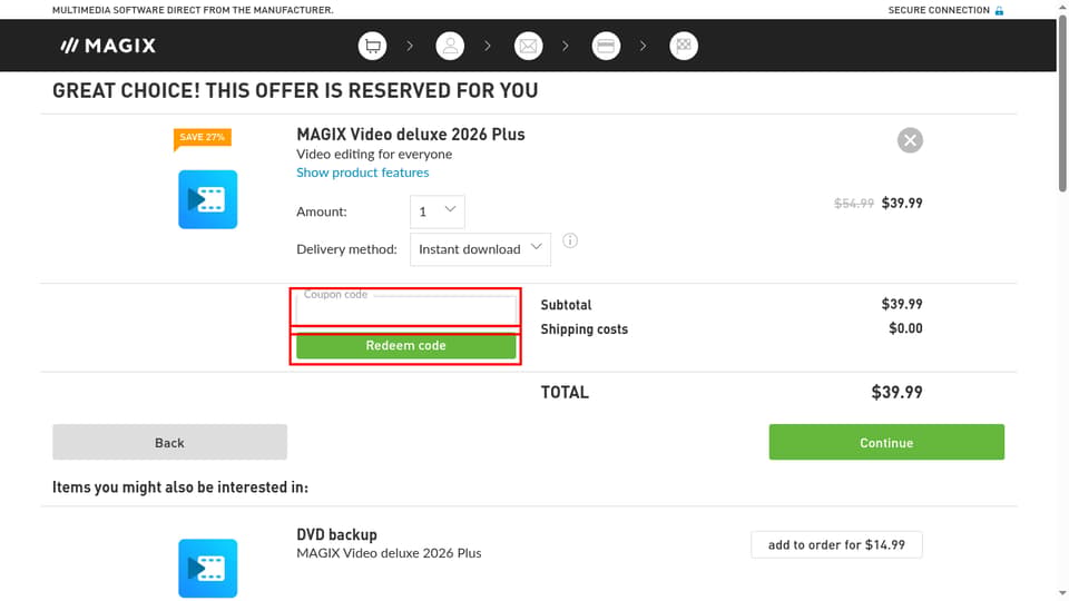MAGIX checkout page showing the Coupon code field and Redeem code button