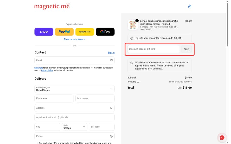 Magnetic Me checkout page showing the Discount code or gift card field and Apply button