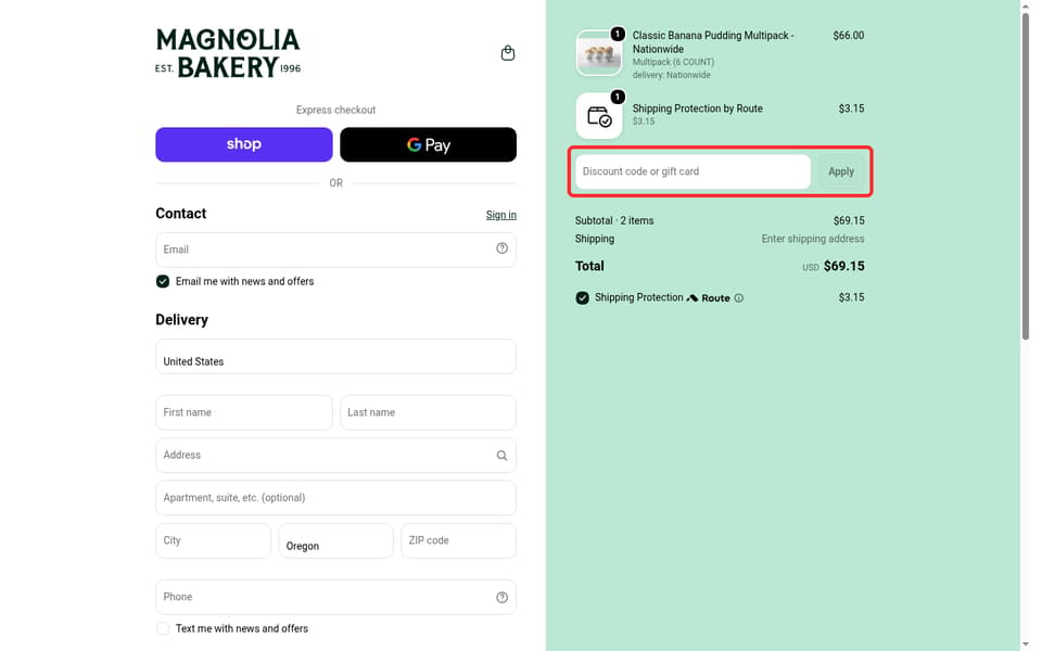 Magnolia Bakery checkout page showing the Discount code or gift card field and Apply button