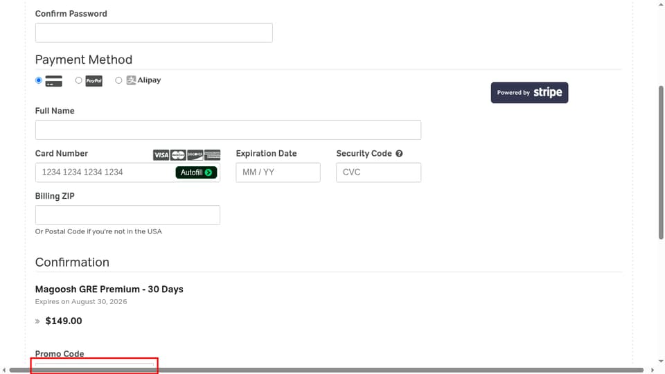 Magoosh checkout page showing the Promo Code field and Complete Order button