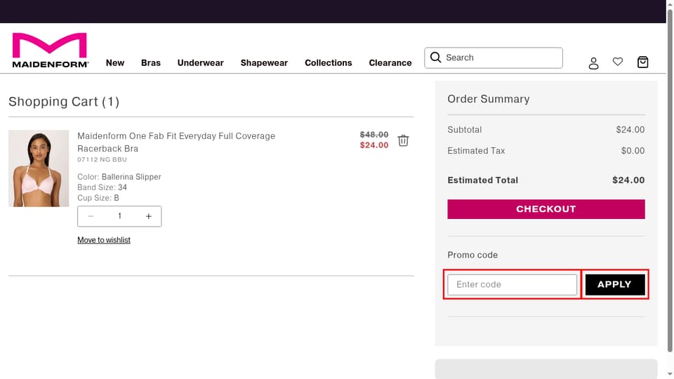 Maidenform checkout page showing the Enter code field and Apply button