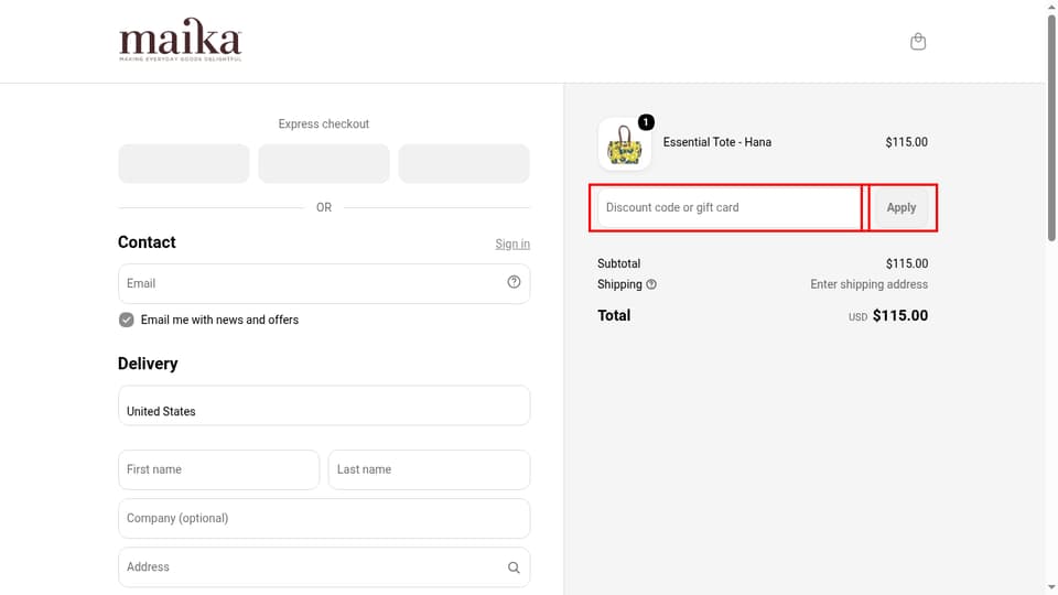 Maika checkout page showing the Discount code or gift card field and Apply button