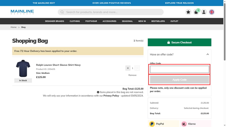 Mainline Menswear checkout page showing the Offer Code field and Apply Code button