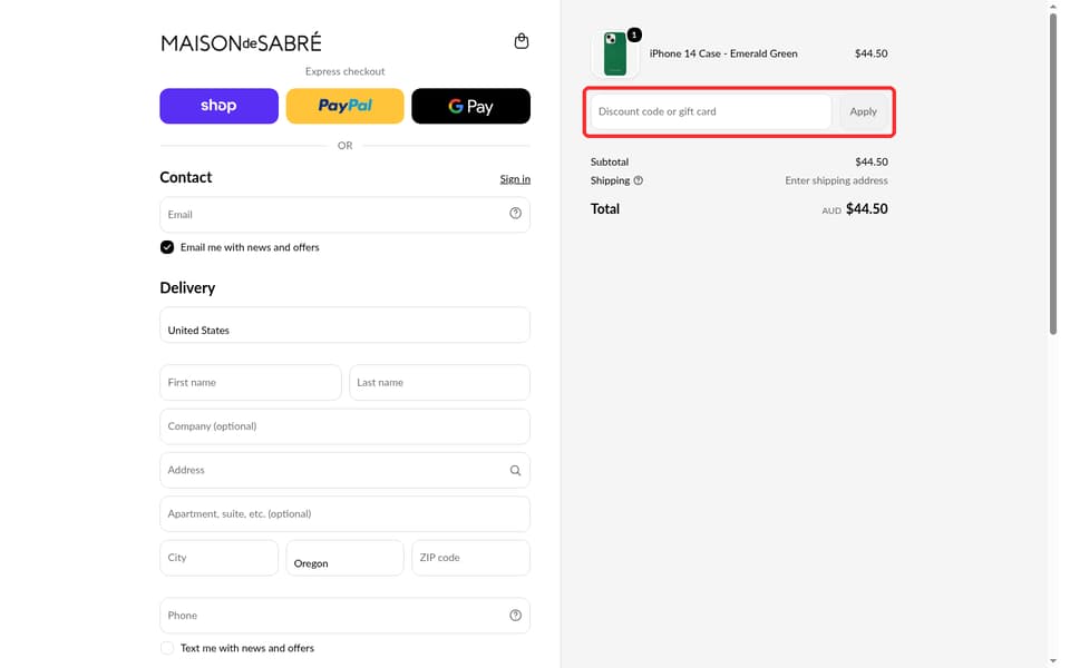 MAISON de SABRÉ checkout page showing the Discount code or gift card field and Apply button