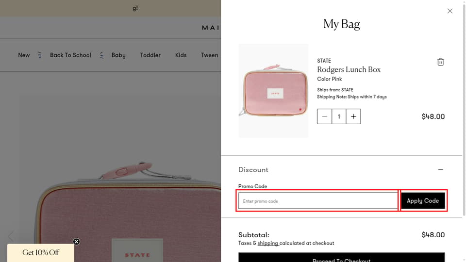 Maisonette checkout page showing the Enter promo code field and Apply Code button