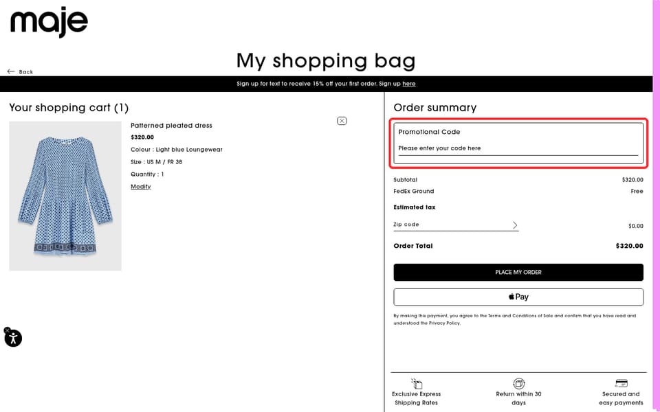 Maje checkout page showing the Please enter your code here field and Apply button