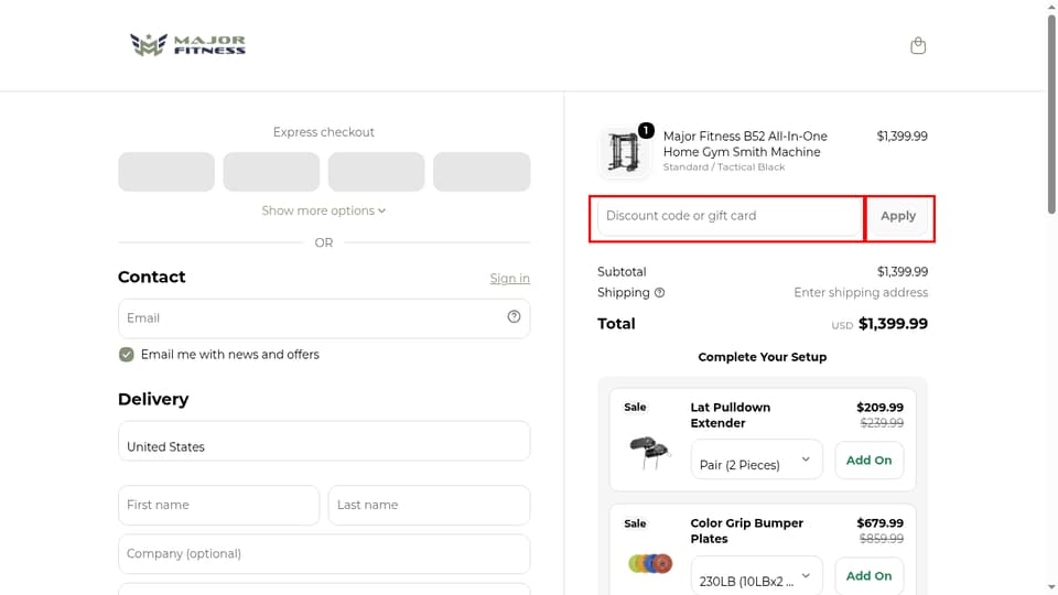 Major Fitness checkout page showing the Discount code or gift card field and Apply button