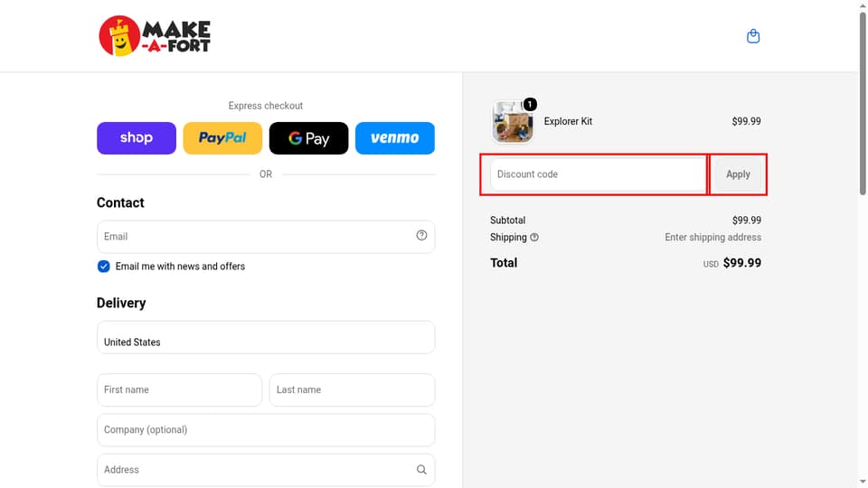 Make-A-Fort checkout page showing the Discount code field and Apply button