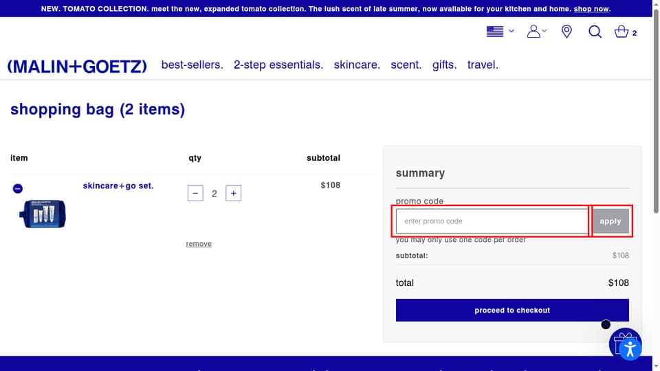 Malin+Goetz checkout page showing the enter promo code field and Apply button