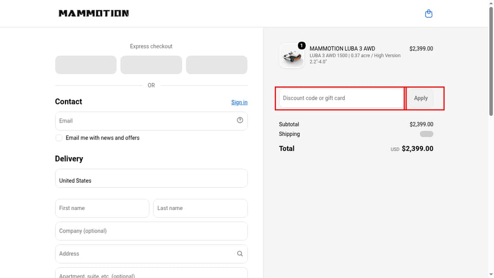 Mammotion checkout page showing the Discount code or gift card field and Apply button
