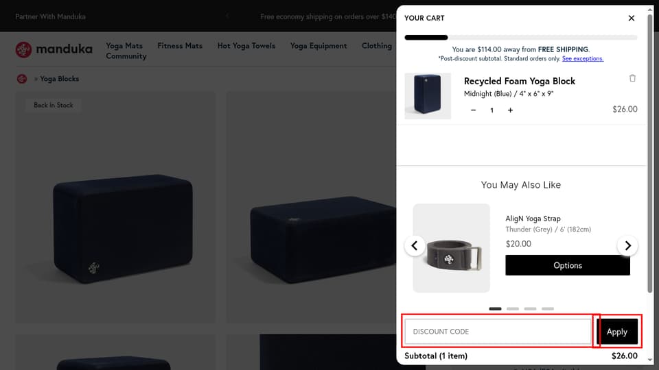 Manduka checkout page showing the Discount Code field and Apply button
