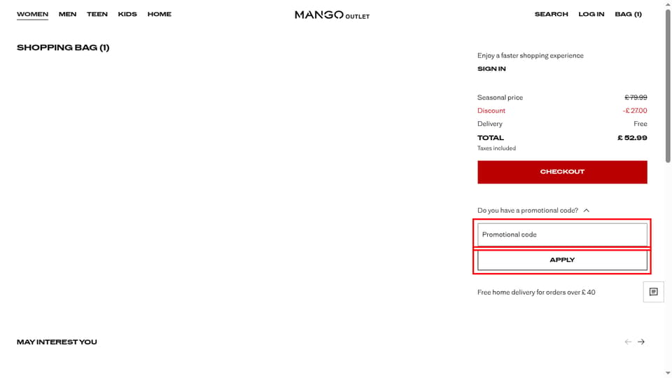 MANGO Outlet checkout page showing the Promotional code field and Apply button