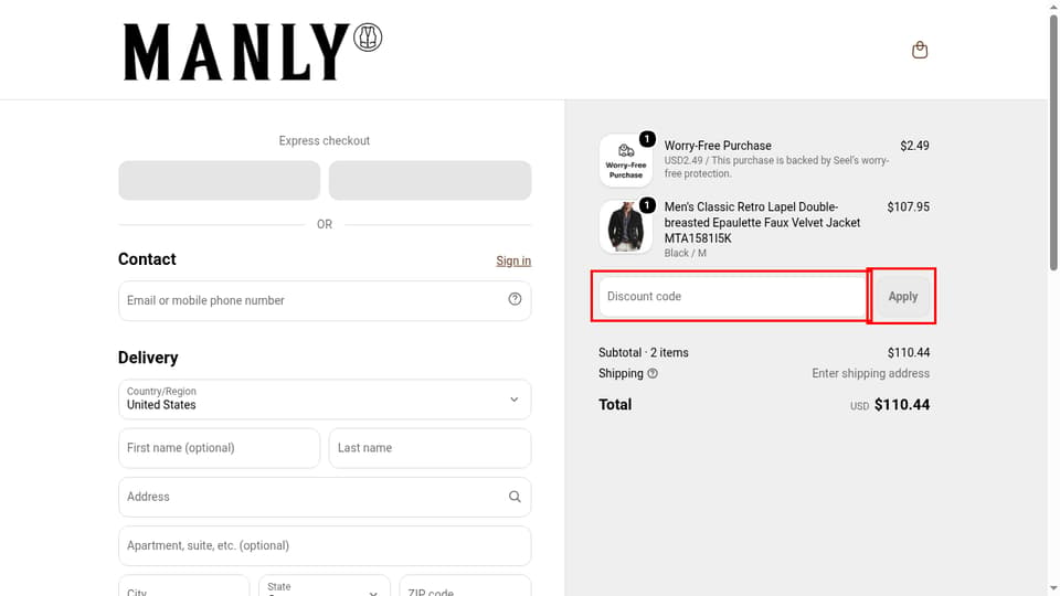 Manlytshirt checkout page showing the Discount code field and Apply button