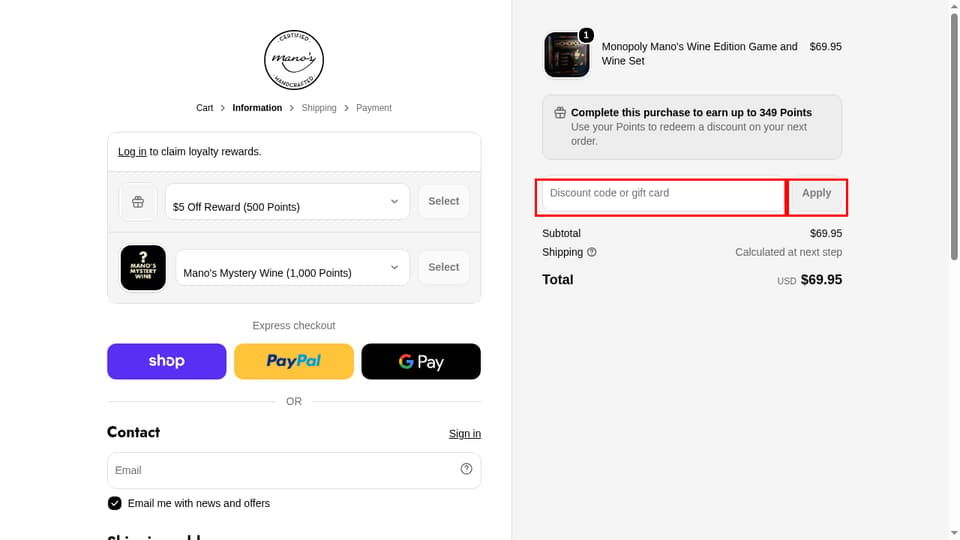 Mano's Wine checkout page showing the Discount code or gift card field and Apply button