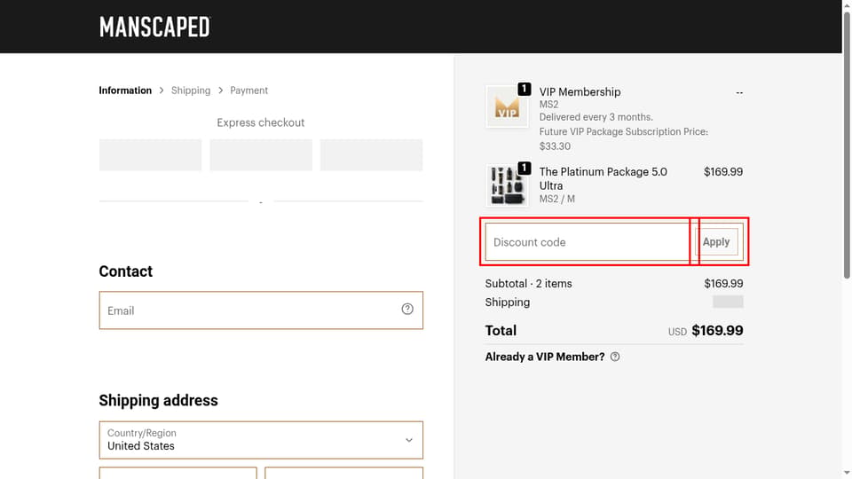 MANSCAPED checkout page showing the Discount code field and Apply button