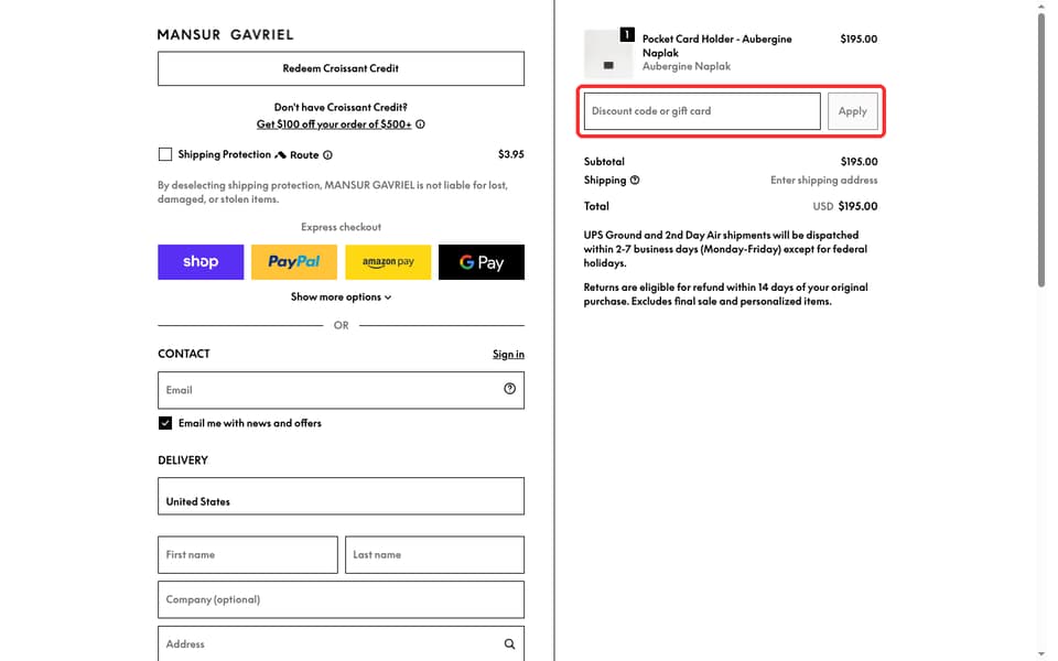 Mansur Gavriel checkout page showing the Discount code or gift card field and Apply button