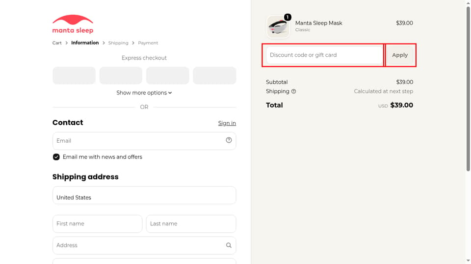 Manta Sleep checkout page showing the Discount code or gift card field and Apply button