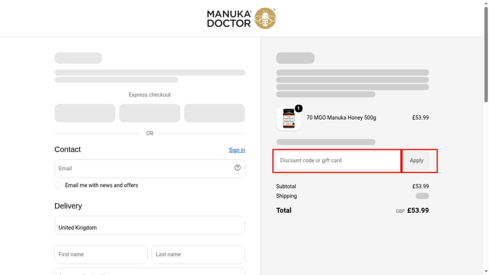 Manuka Doctor checkout page showing the Discount code or gift card field and Apply button
