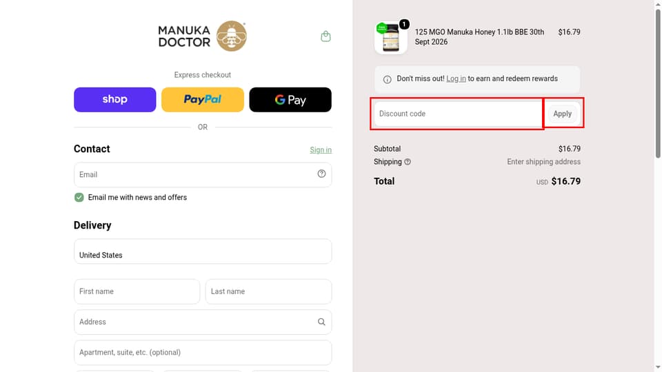 Manuka Doctor checkout page showing the Discount code field and Apply button