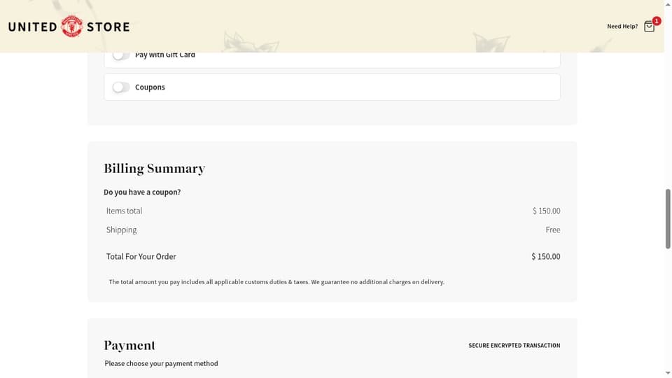 Manchester United checkout page showing the Do you have a coupon? field and Apply button