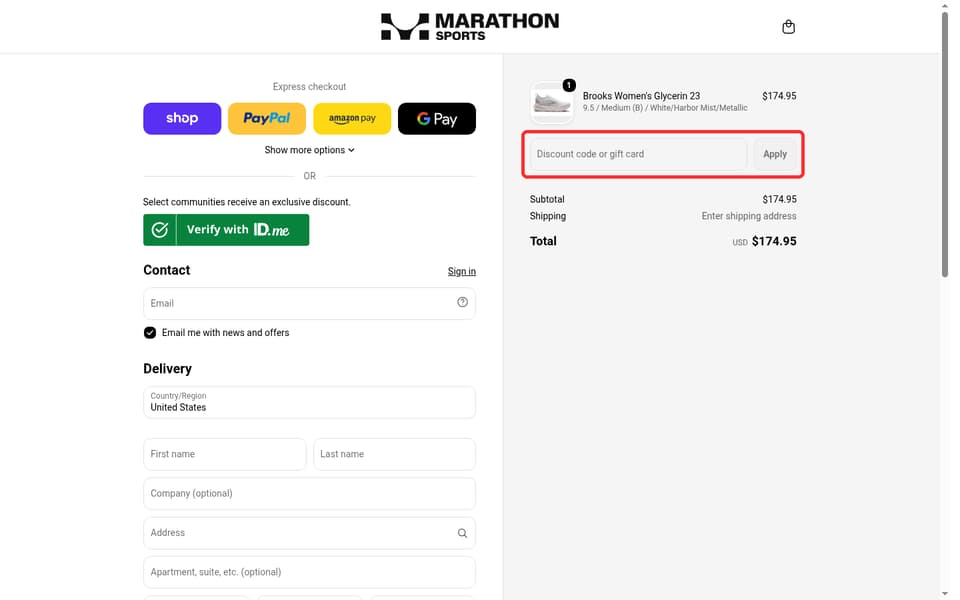 Marathon Sports checkout page showing the Discount code or gift card field and Apply button