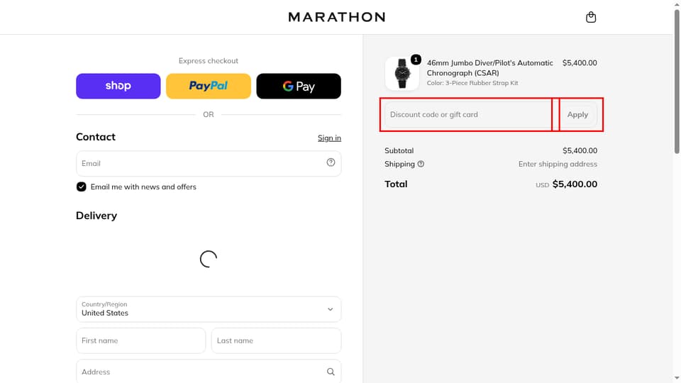 Marathon Watch checkout page showing the Discount code or gift card field and Apply button
