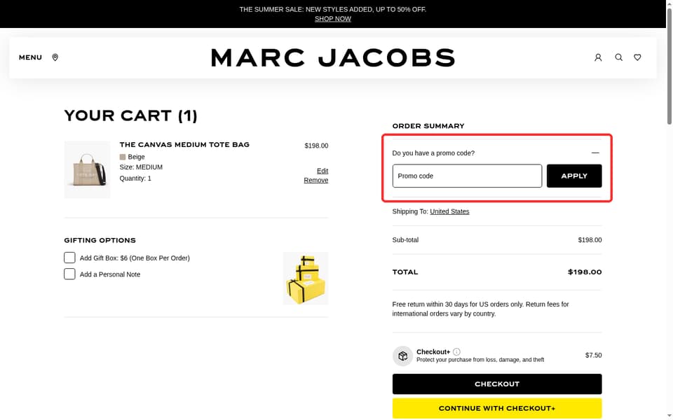 Marc Jacobs checkout page showing the Promo code field and APPLY button