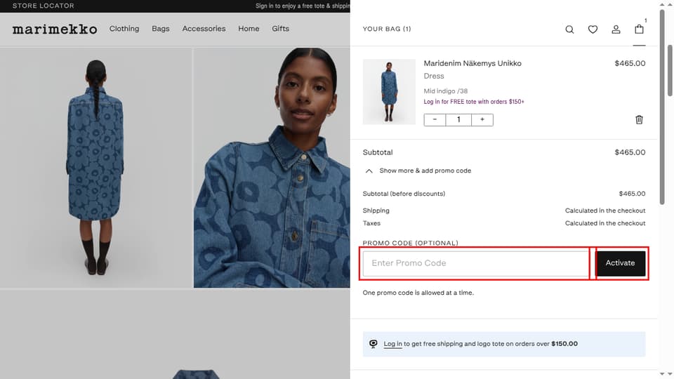 Marimekko checkout page showing the Enter Promo Code field and Activate button