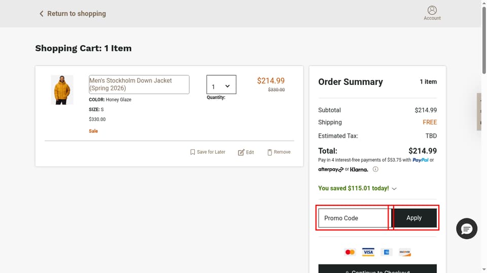 Marmot checkout page showing the Promo Code field and Apply button