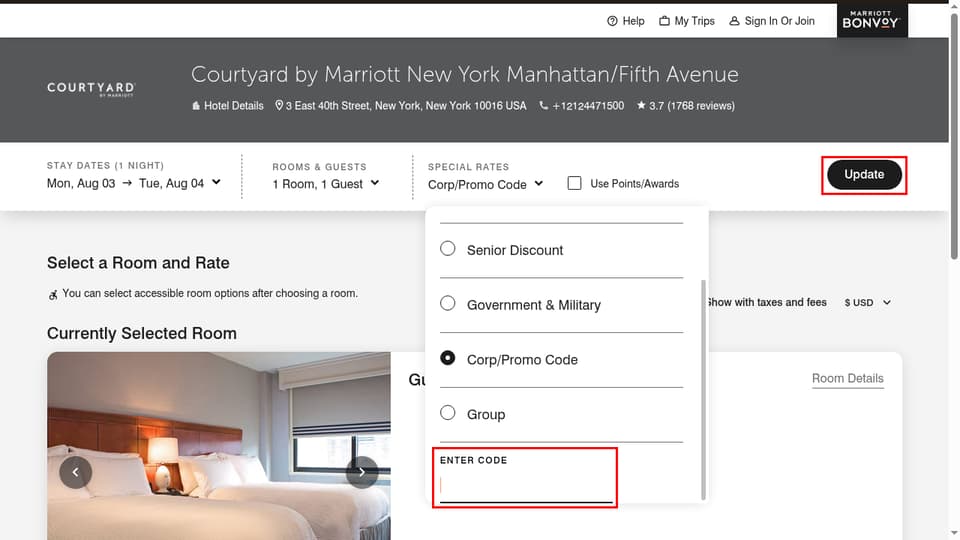 Marriott checkout page showing the Enter Code field and Update button