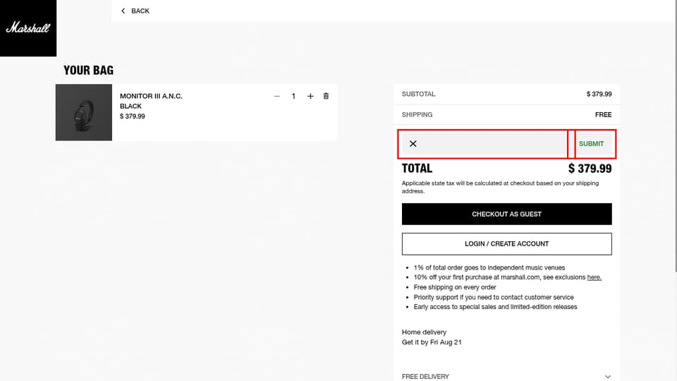 Marshall checkout page showing the Add discount code field and SUBMIT button