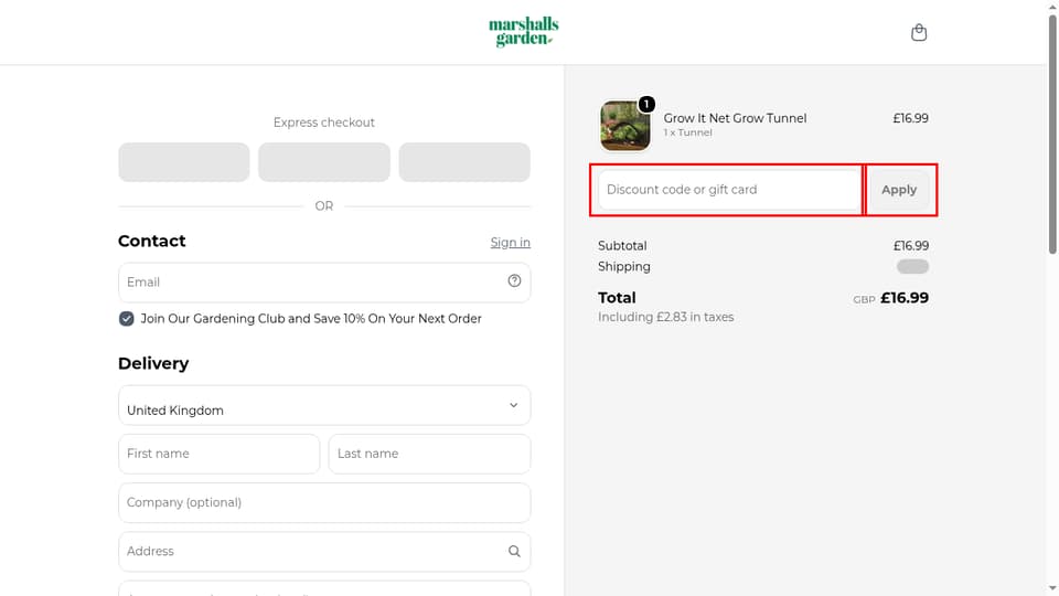 Marshalls Garden checkout page showing the Discount code or gift card field and Apply button