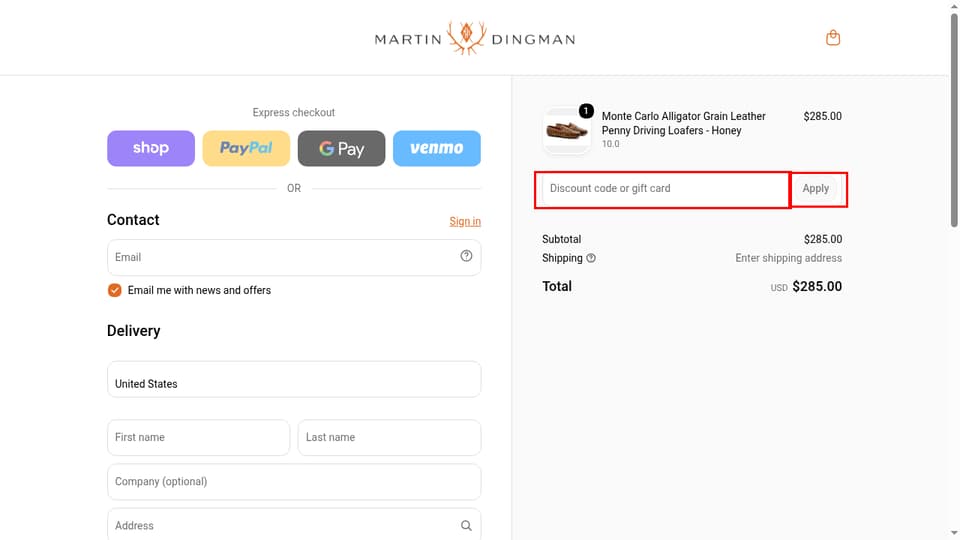 Martin Dingman checkout page showing the Discount code or gift card field and Apply button