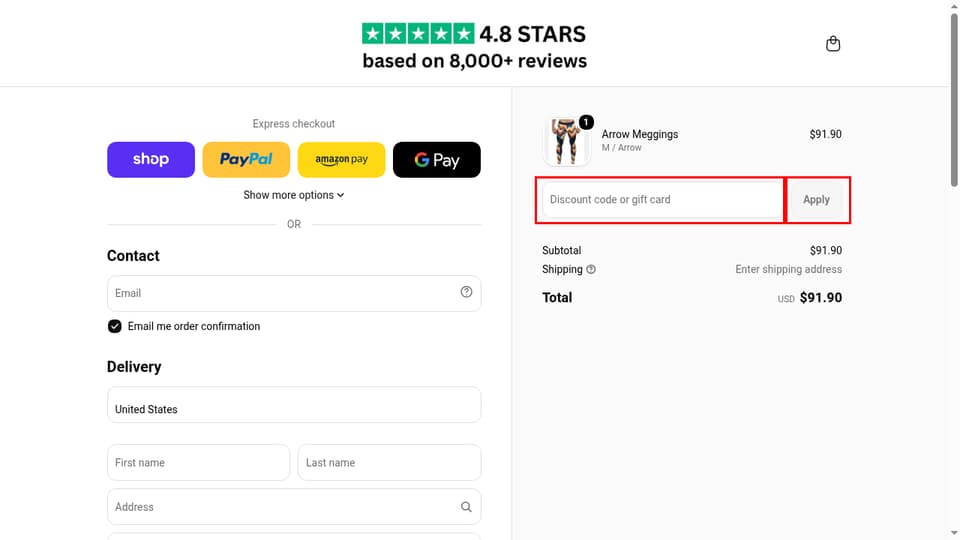 Matador Meggings checkout page showing the Discount code or gift card field and Apply button
