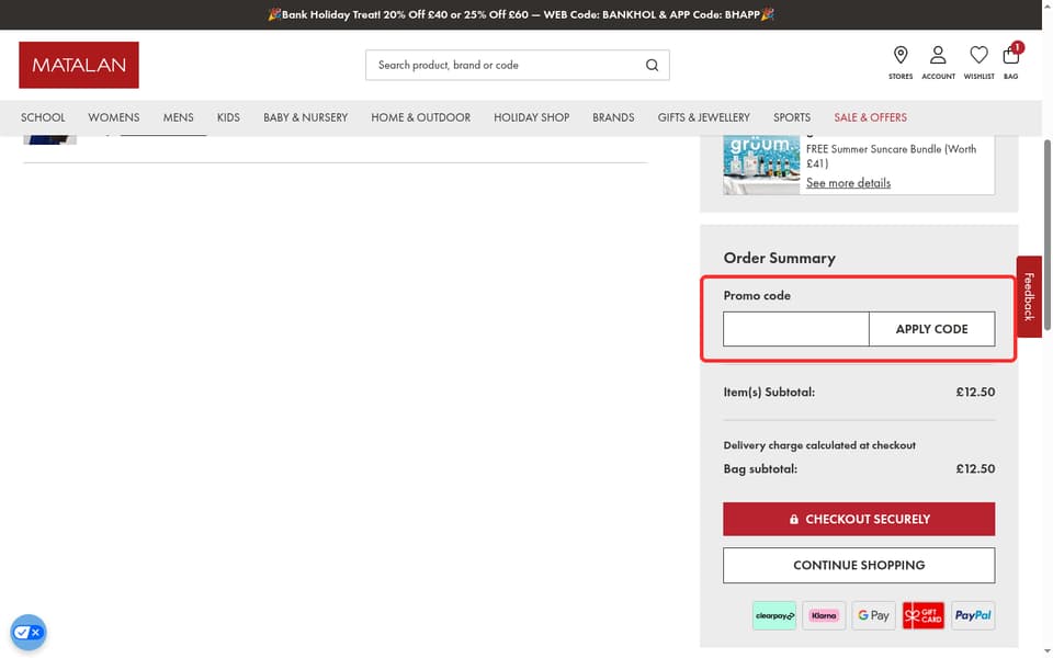 Matalan checkout page showing the Promo code field and Apply Code button