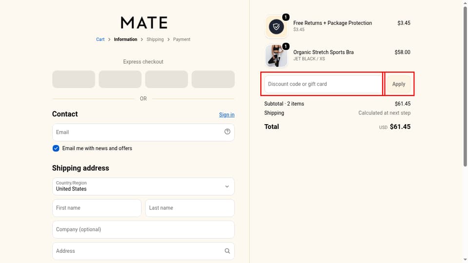 MATE the Label checkout page showing the Discount code or gift card field and Apply button